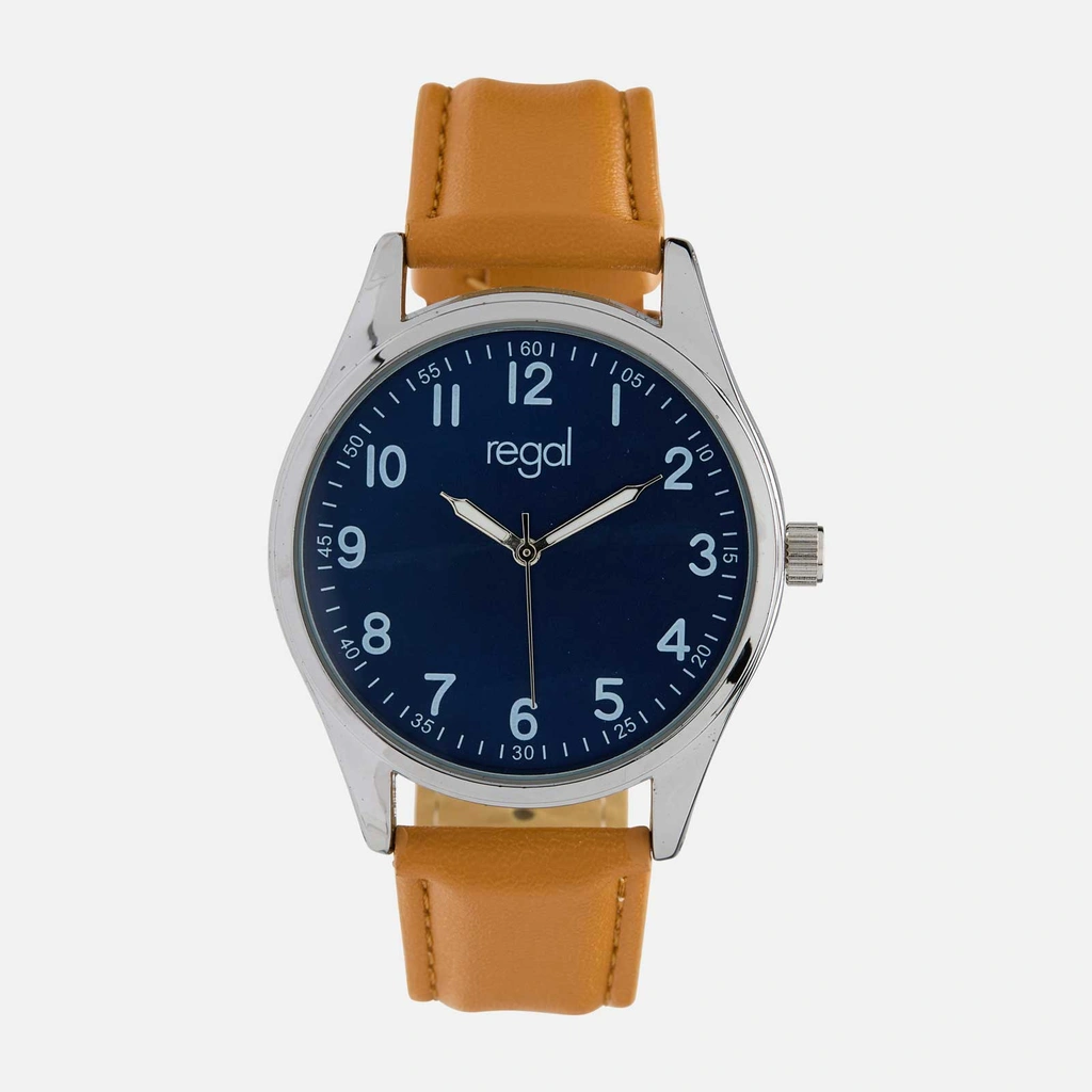 Regal herrklocka -  ljusbrunt band, silverton/blå, 40mm