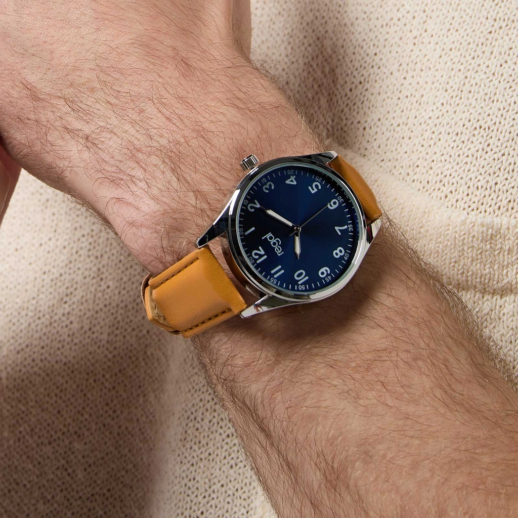 Regal herrklocka -  ljusbrunt band, silverton/blå, 40mm