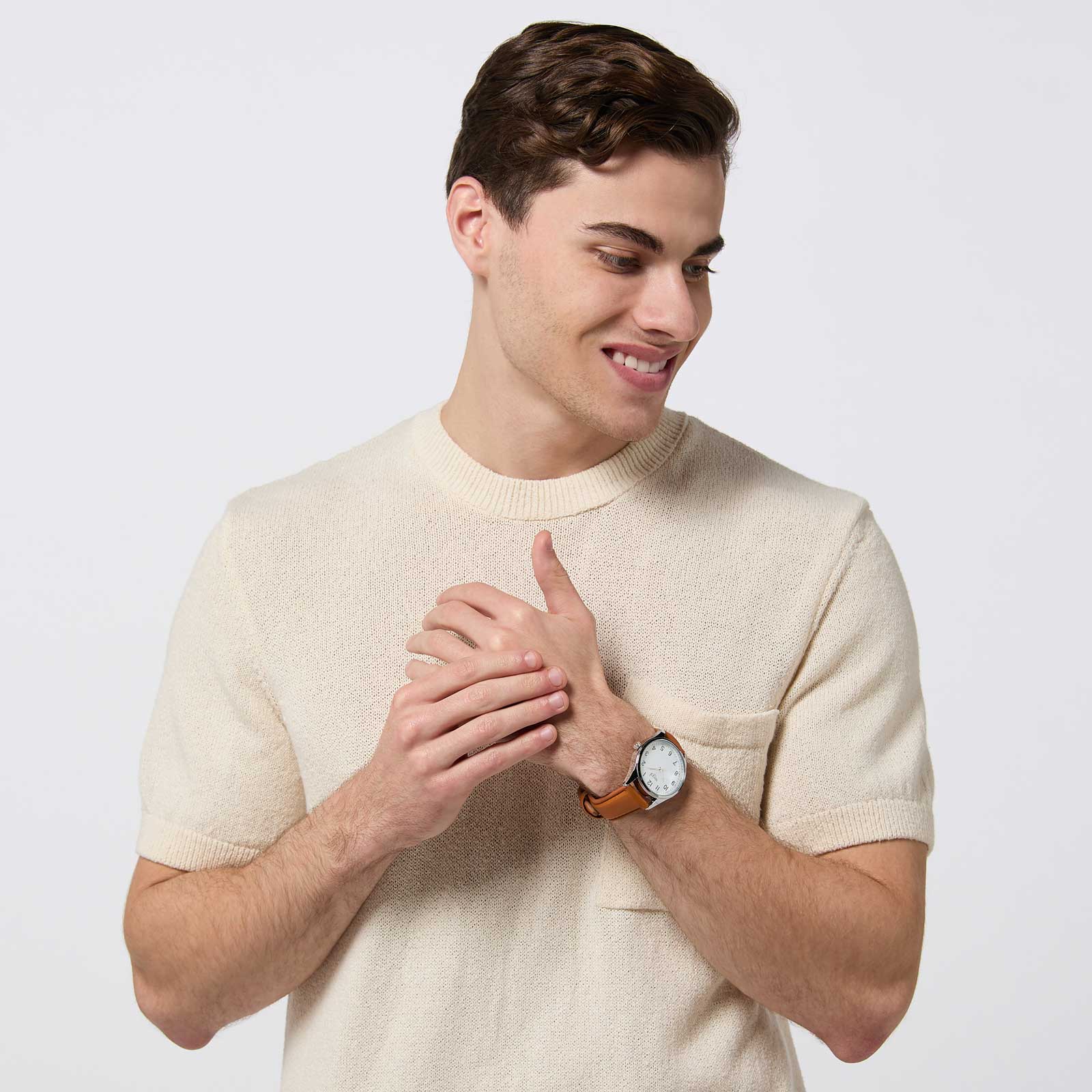 Regal herrklocka -  ljusbrunt band, silverton/vit, 40mm