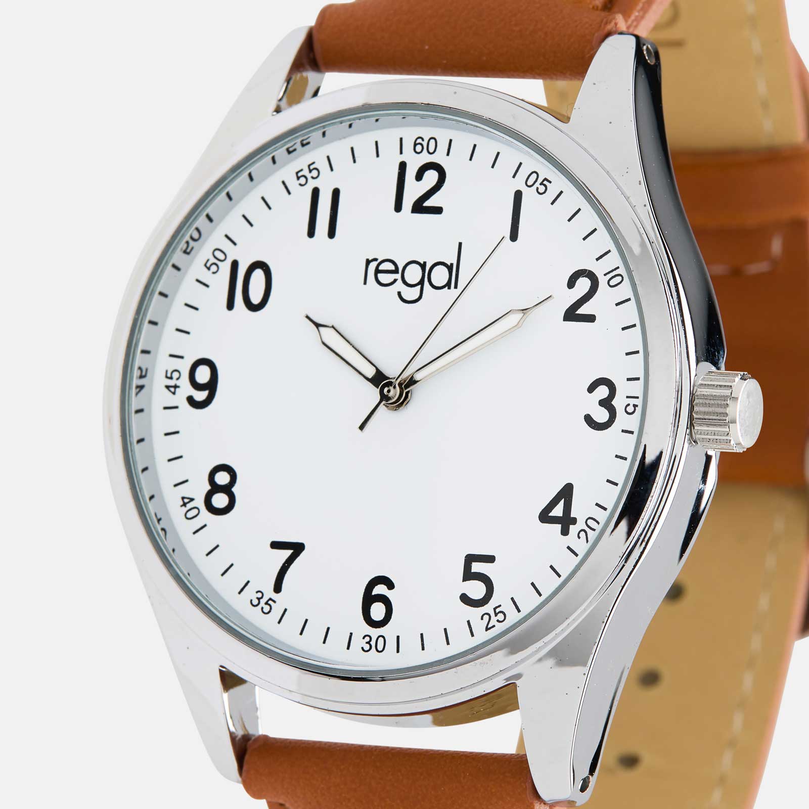 Regal herrklocka -  ljusbrunt band, silverton/vit, 40mm