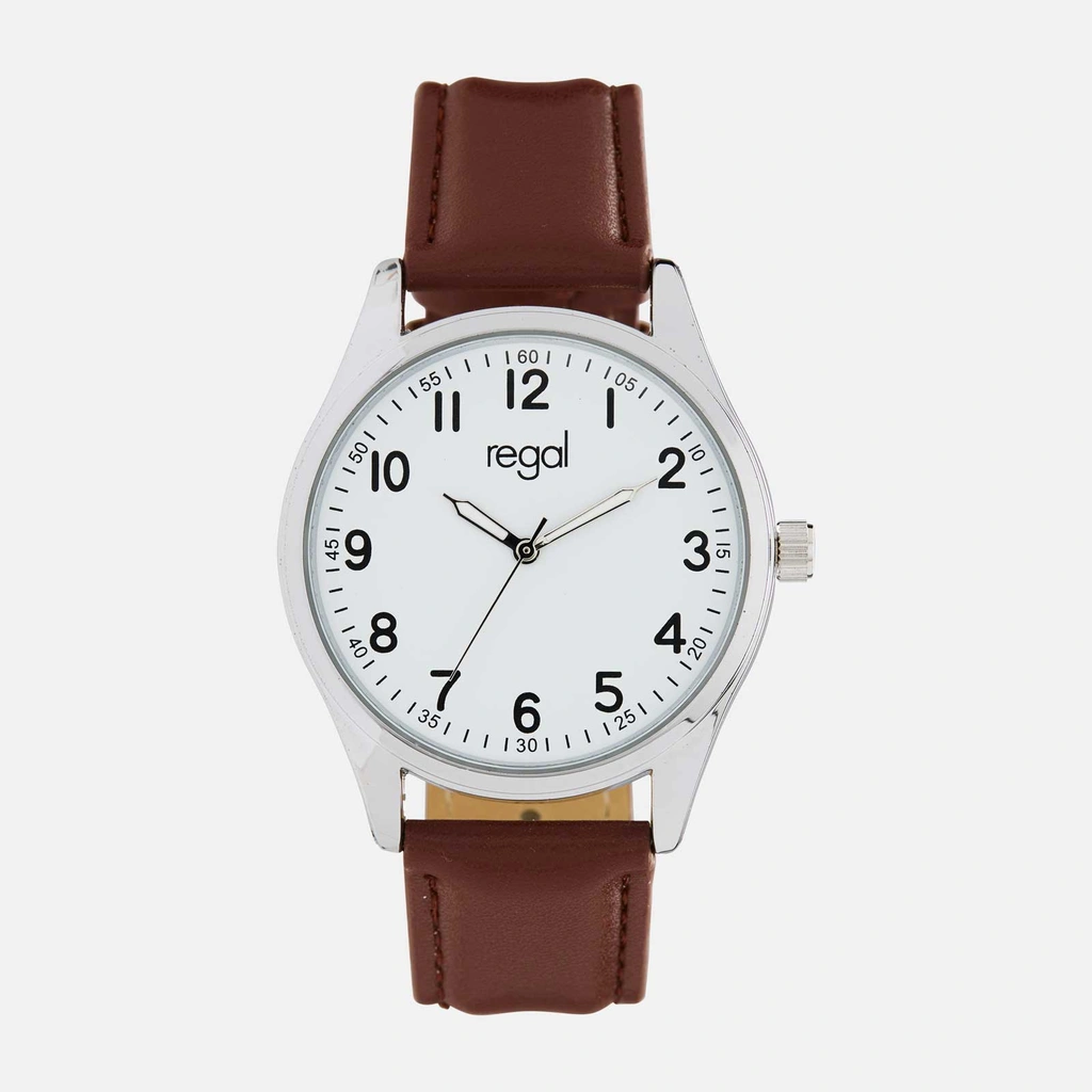 Regal herrklocka -  brunt band, silverton/vit, 40mm
