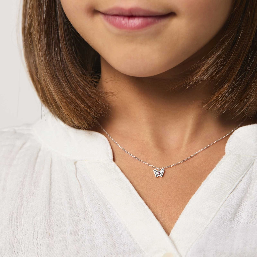 Silverhalsband för barn - vit/rosa fjäril, 36+2cm