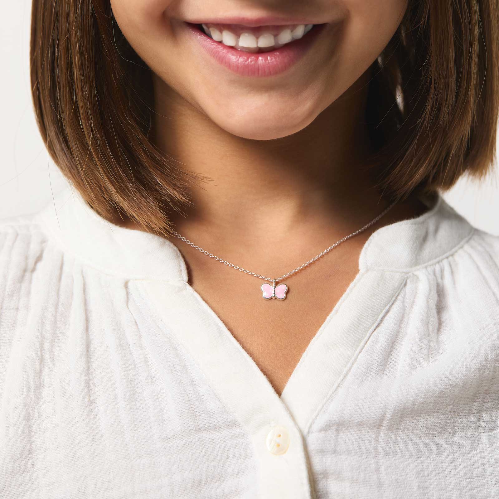 Silverhalsband för barn - rosa fjäril, 36+2cm