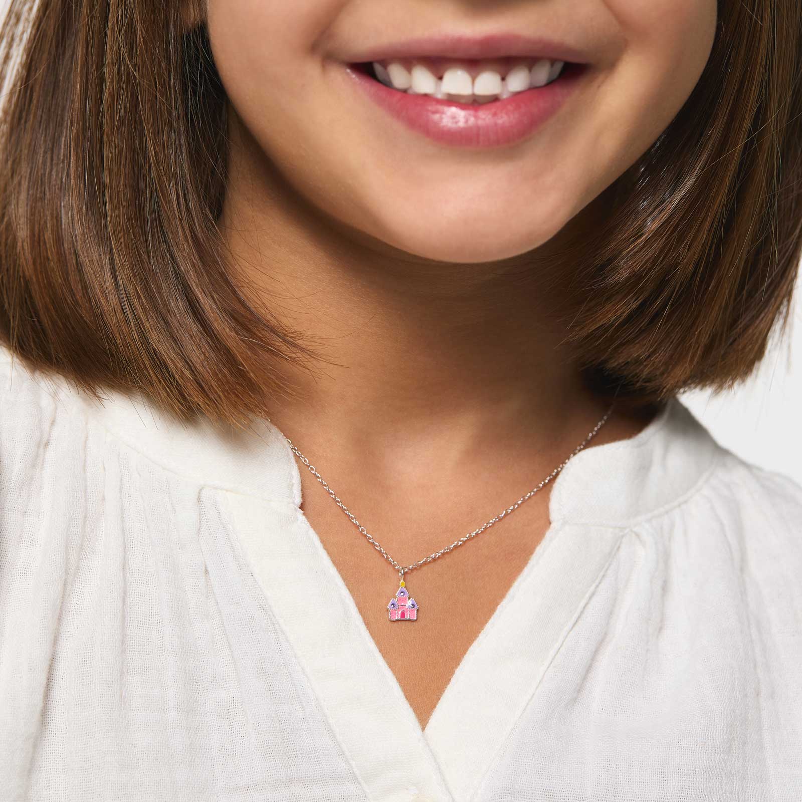 Silverhalsband för barn - rosa slott, 36+2cm