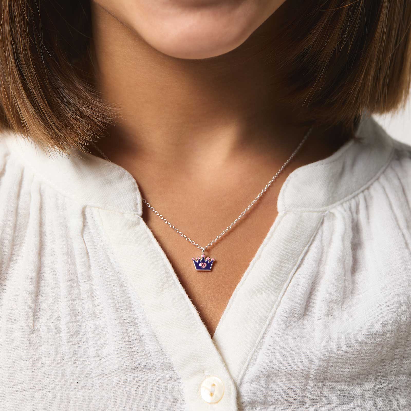 Silverhalsband för barn - lila krona, 36+2cm