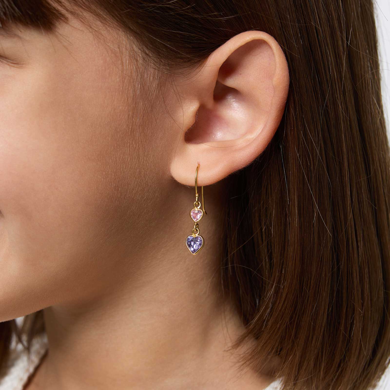 Guldpläterade silverörhängen för barn - rosa/lila hjärtan