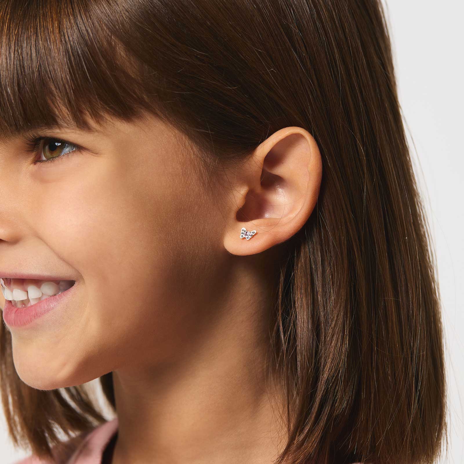 Silverörhängen för barn - studs fjärilar vit/rosa