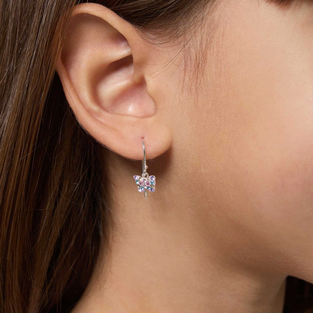 Silverörhängen för barn - hängande fjärilar, kristaller