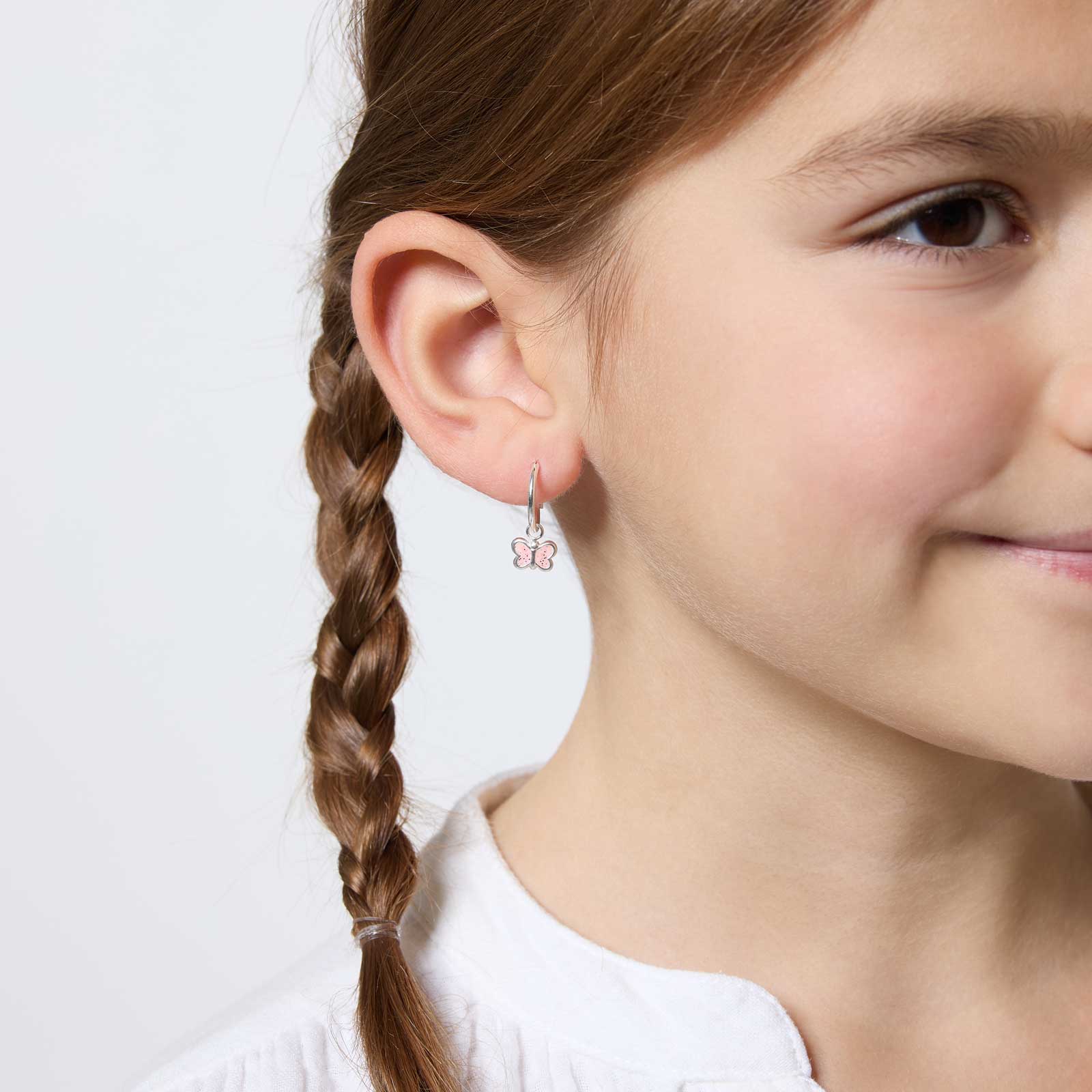 Silverörhängen för barn - hoops rosa fjärilar