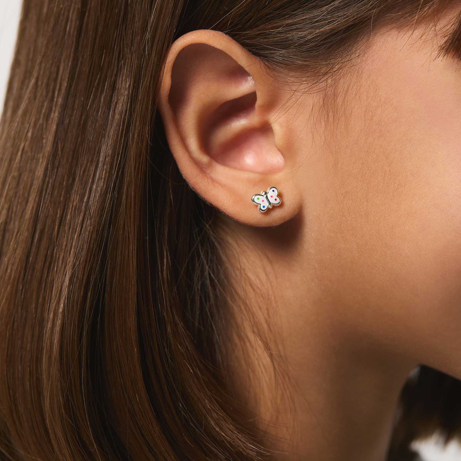 Silverörhängen för barn - studs vita fjärilar