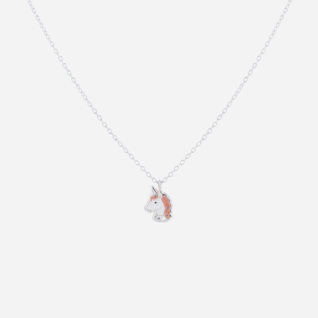 Silverhalsband för barn - vit/rosa enhörning, 36+2 cm