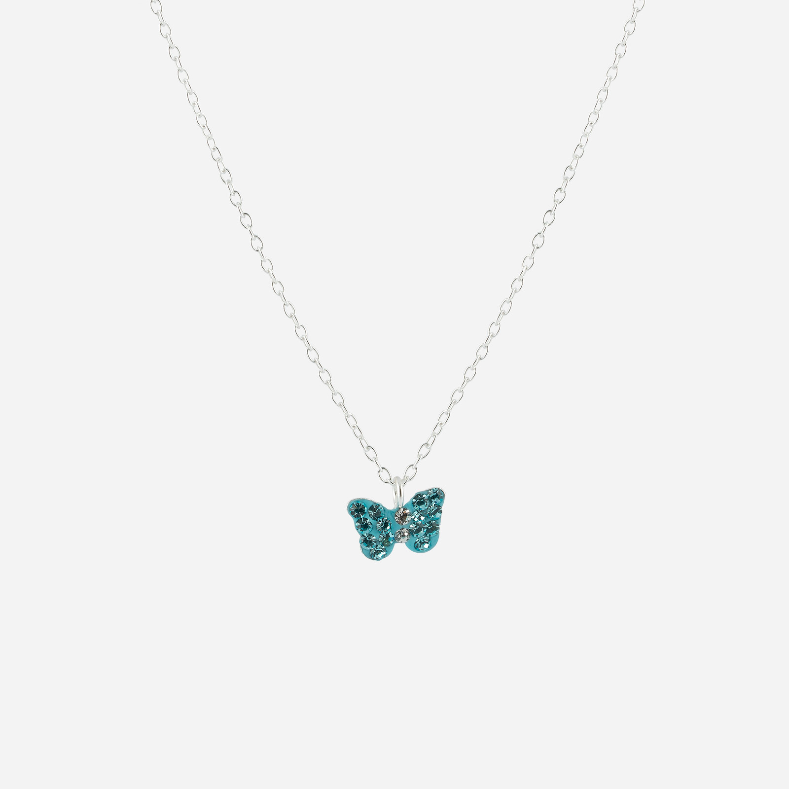 Silverhalsband för barn - blå fjäril, 36+2 cm
