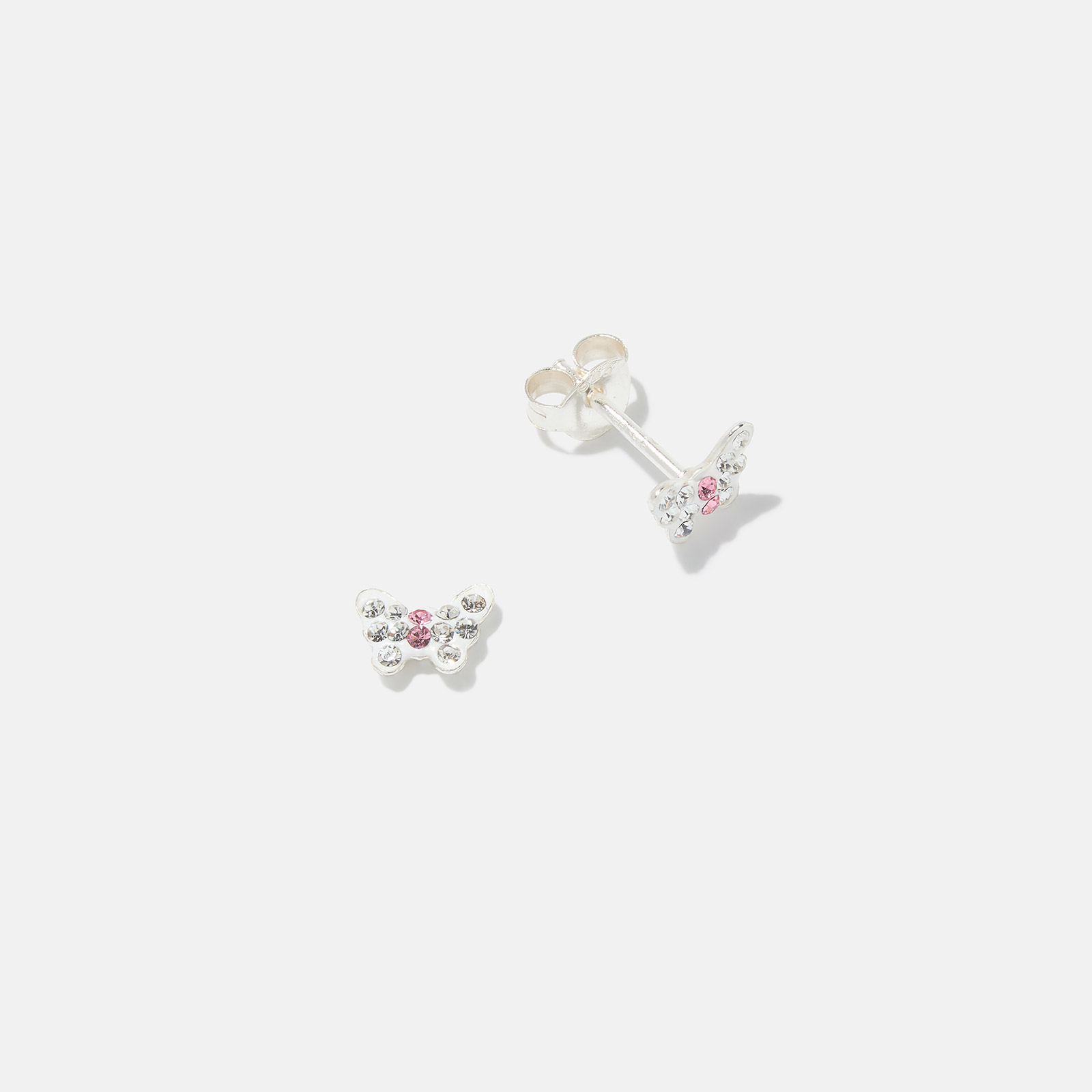 Silverörhängen för barn - studs fjärilar vit/rosa