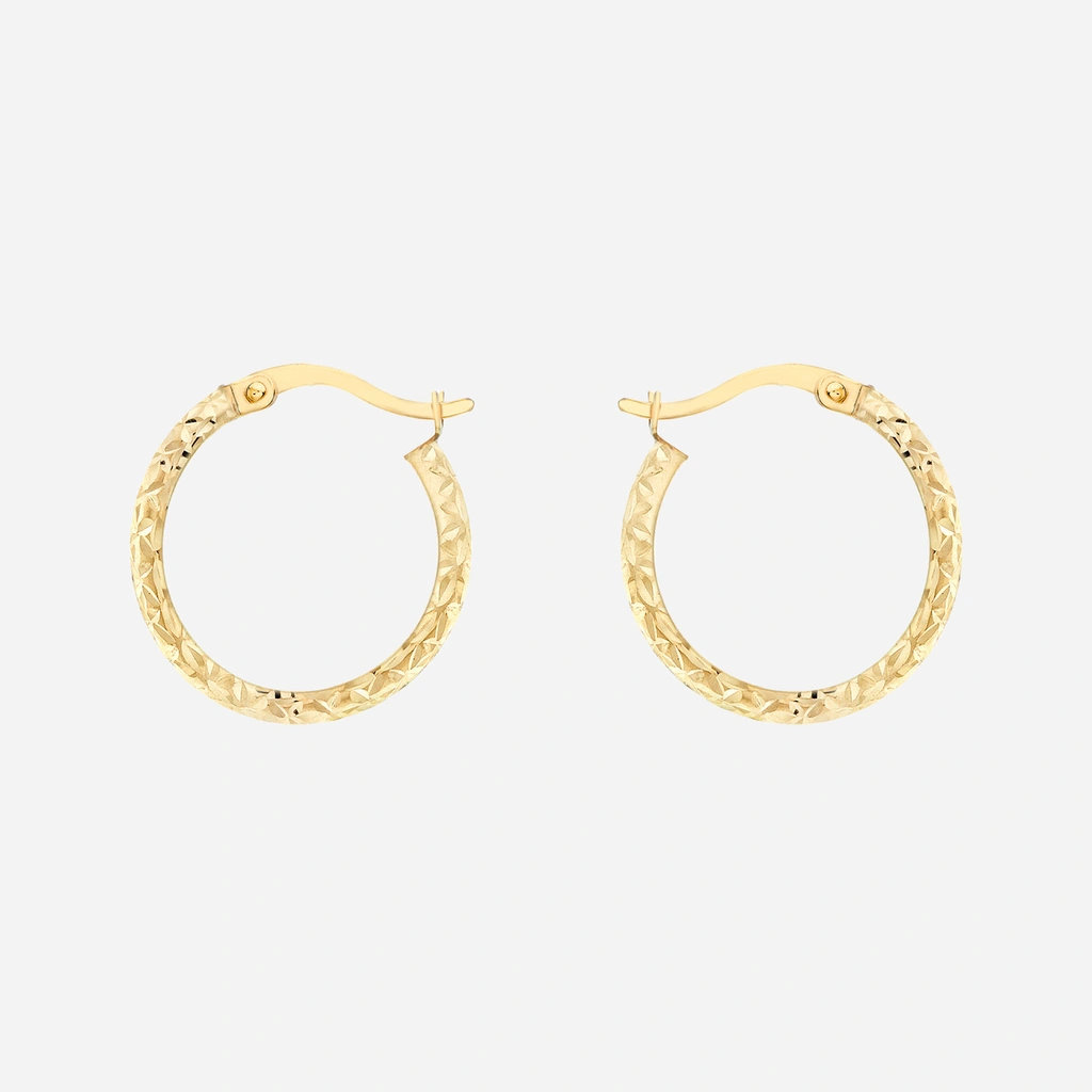 Örhängen 9k guld - platta mönstrade hoops 18 mm