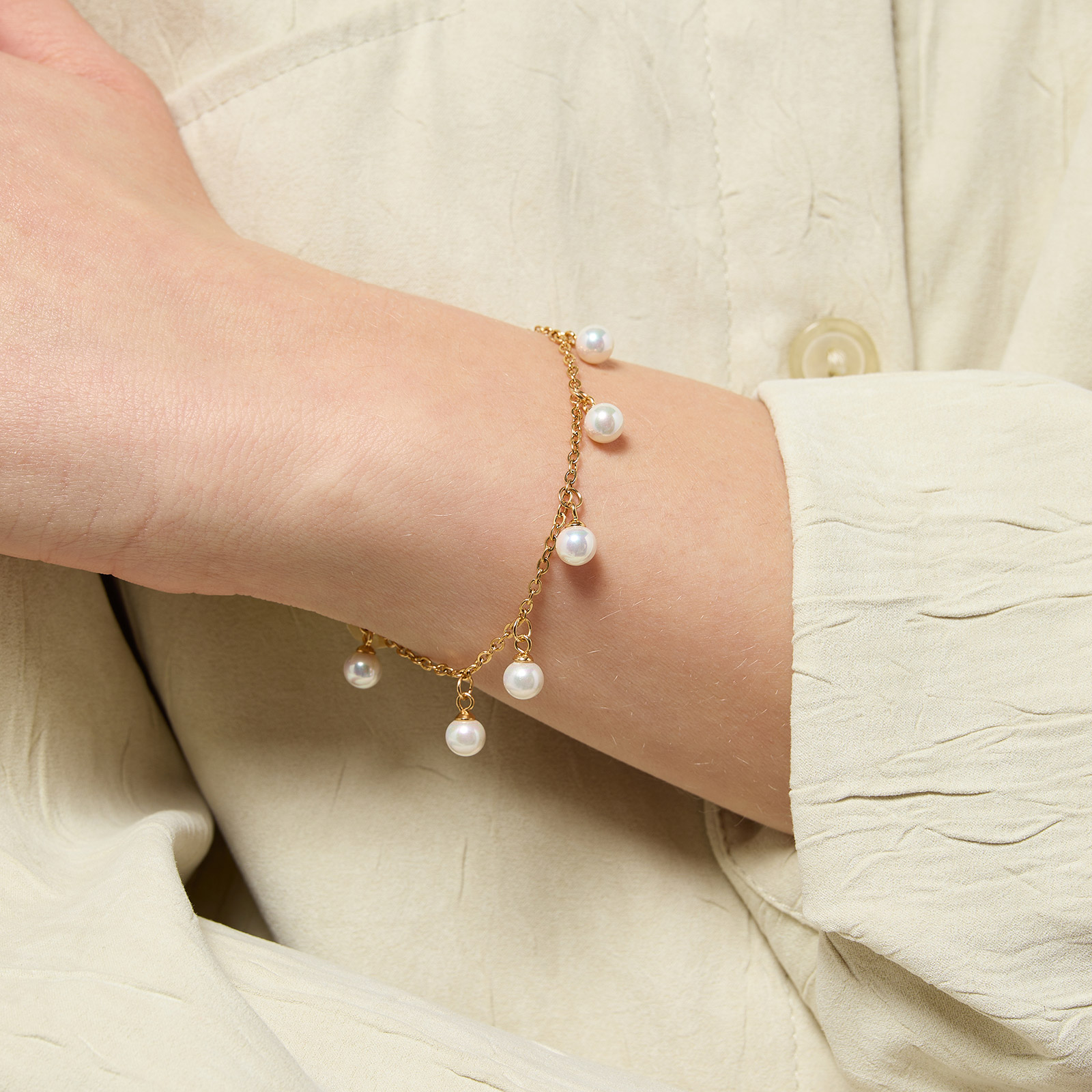 Guldpläterat stålarmband dam pärlor - 16+5cm