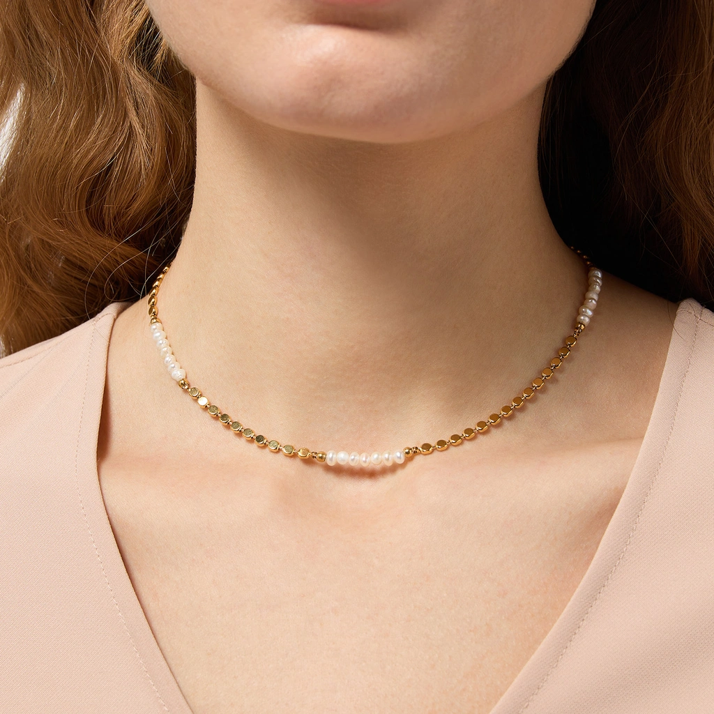 Guldpläterat stålhalsband med pärlor - 35+5cm