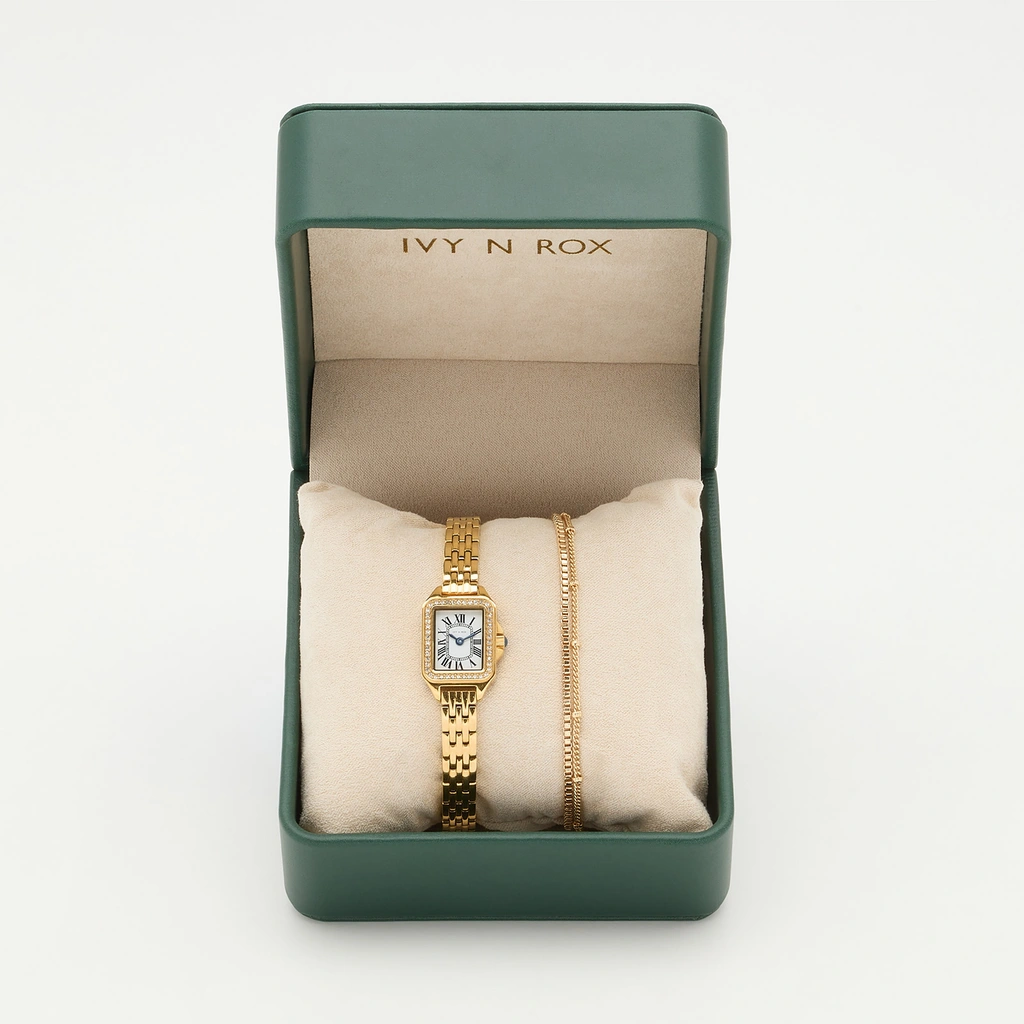 Ivy N Rox Chic klockset - rektangulär, guld, 16x27 mm