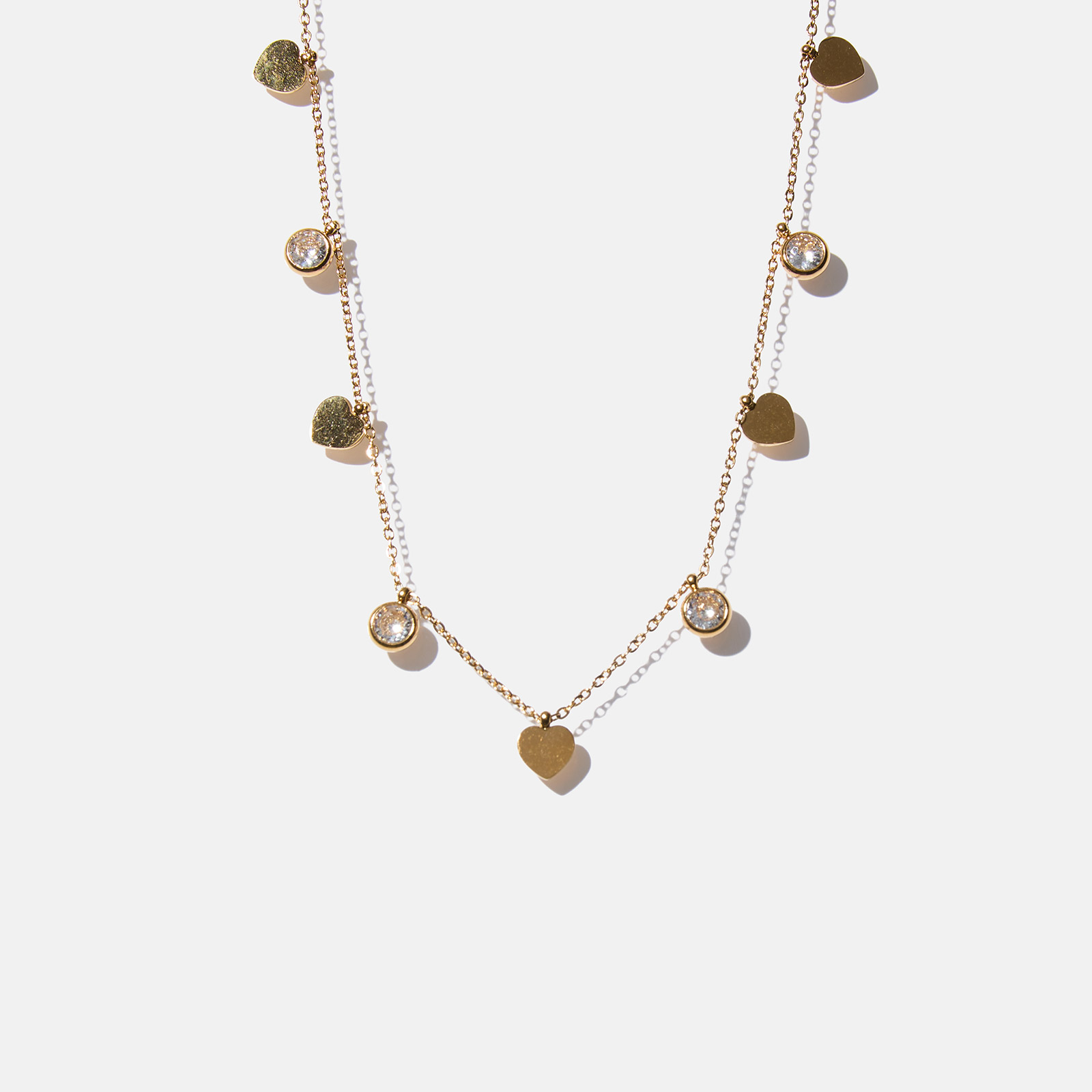 Guldfärgat halsband - hjärtan & stenar 42+5cm
