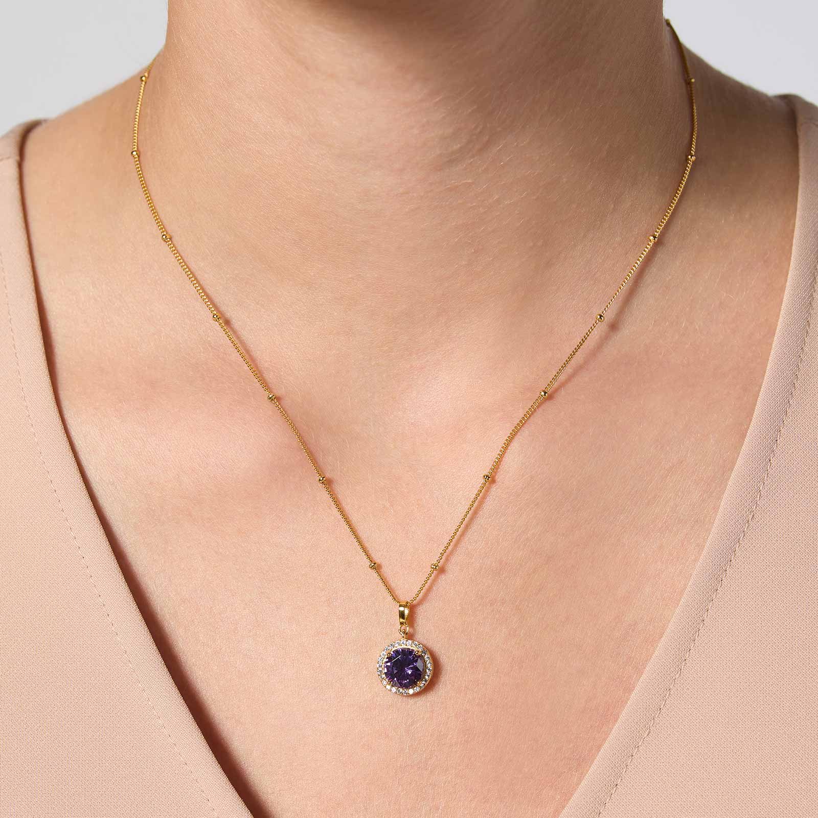 Guldpläterat halsband i äkta silver - månadsten Februari, 42+3cm