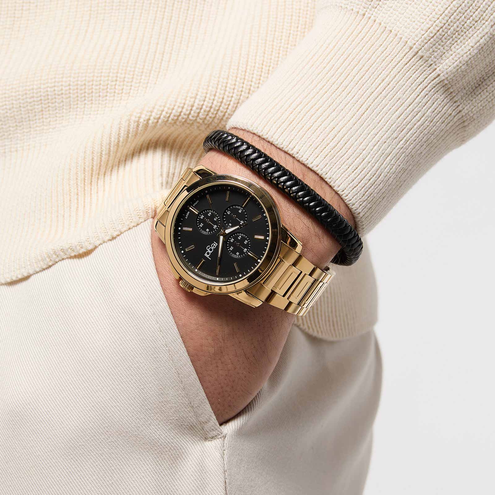 Regal klockset herr - metallband, guldton/svart, 45mm