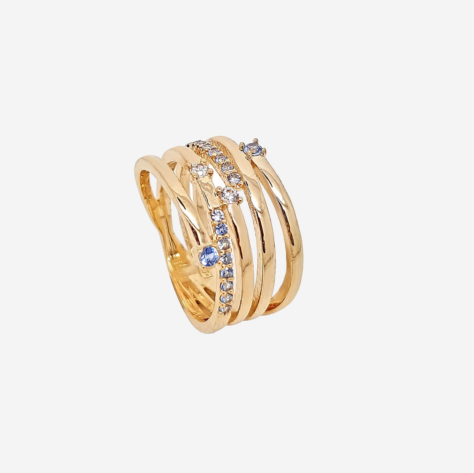 18k guldpläterad bred ring - vita och ljusblå stenar