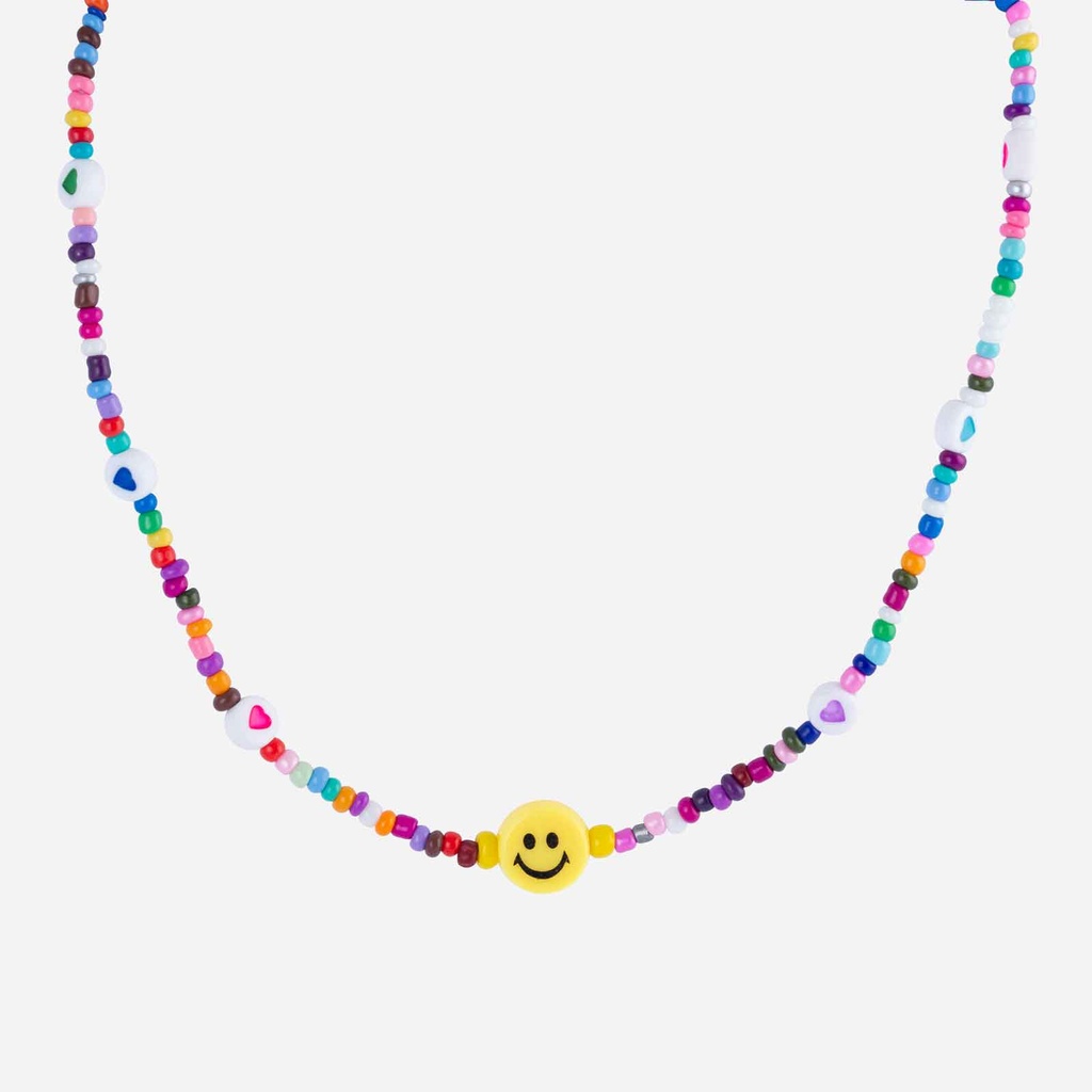 Halsband, multifärgade pärlor & smiley - 42 cm