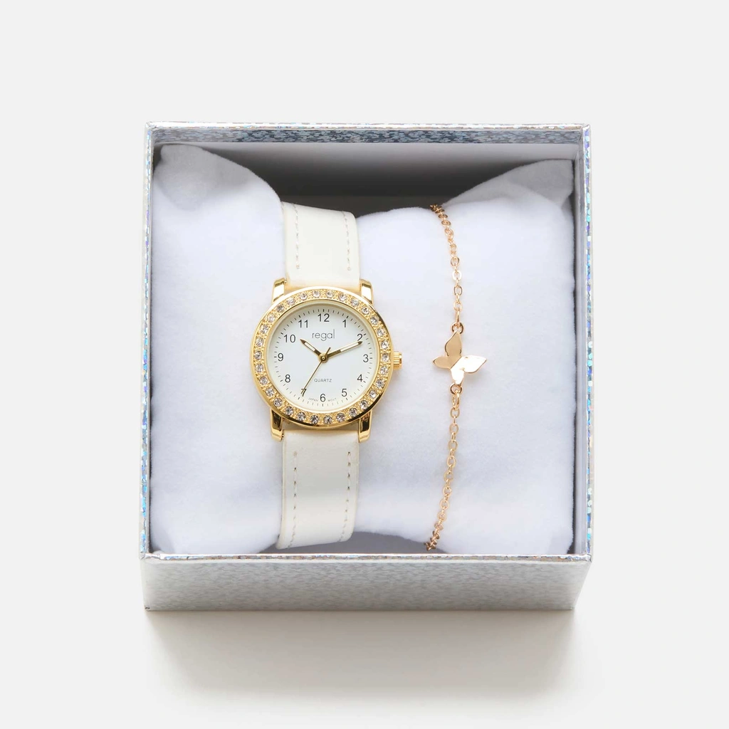 Regal barnklocka - set med armband, guld/vit, 28 mm