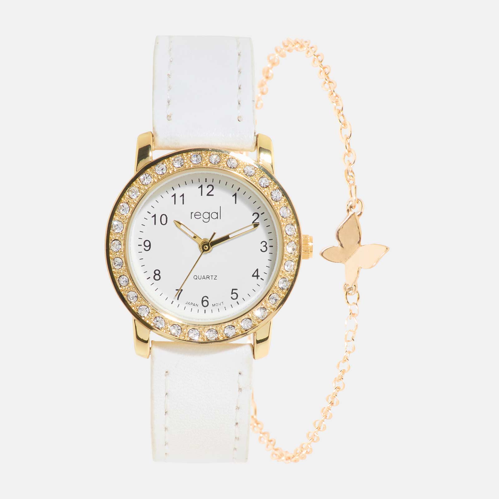 Regal barnklocka - set med armband, guld/vit, 28 mm