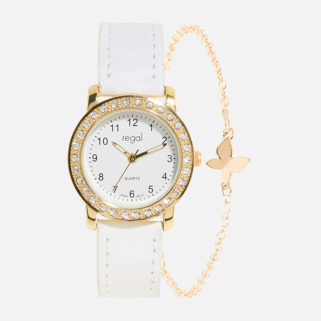 Regal barnklocka - set med armband, guld/vit, 28 mm