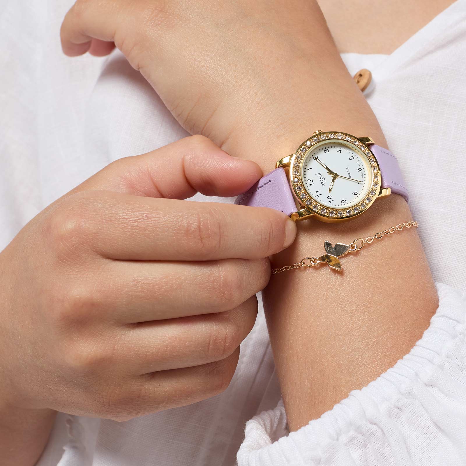 Regal barnklocka - set med armband, guld/ljuslila, 28 mm