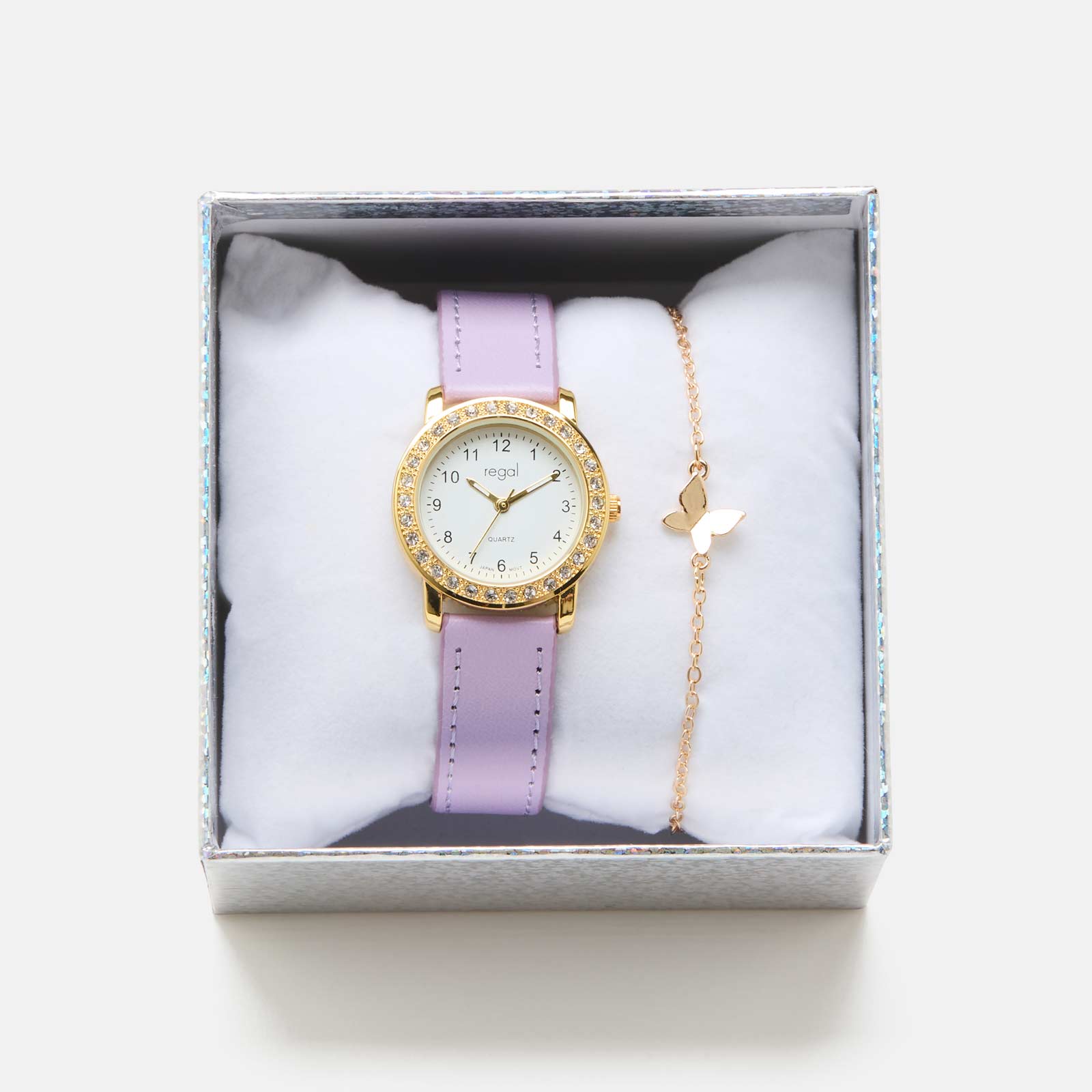 Regal barnklocka - set med armband, guld/ljuslila, 28 mm