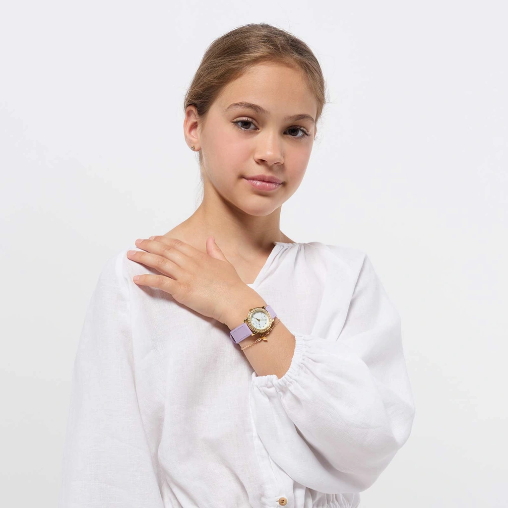 Regal barnklocka - set med armband, guld/ljuslila, 28 mm