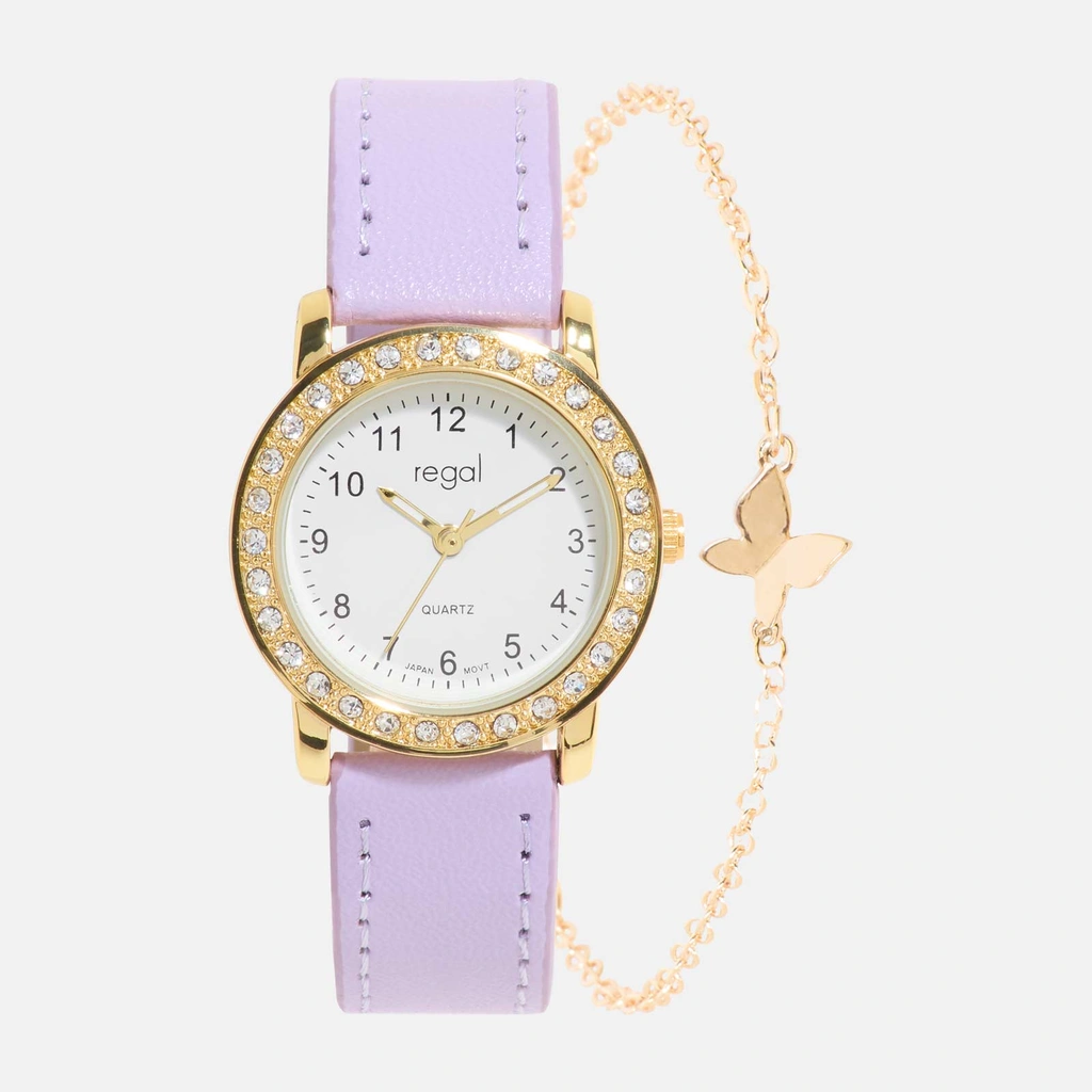 Regal barnklocka - set med armband, guld/ljuslila, 28 mm