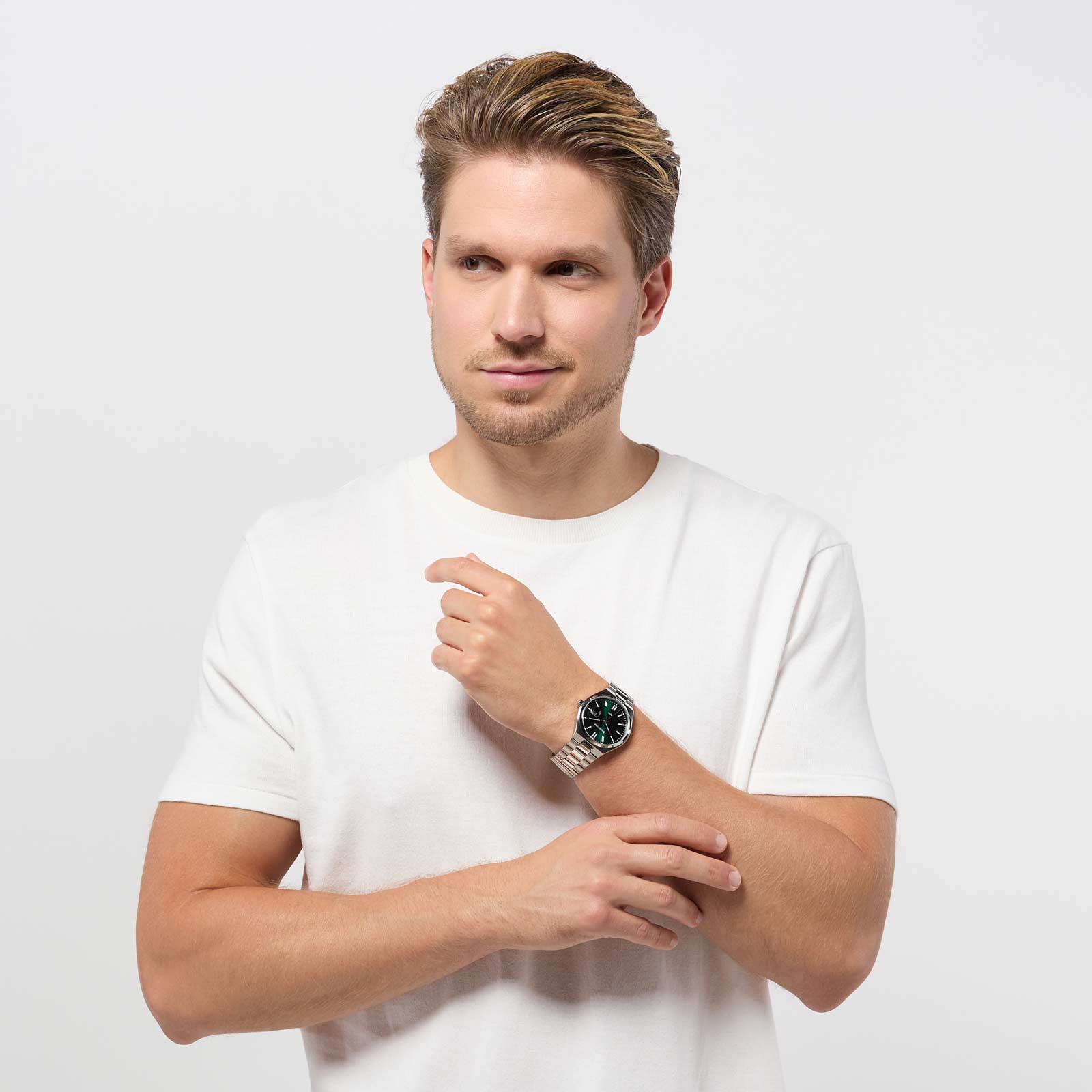 Moretime herrklocka - metallband, förstorat datum, silver/grön