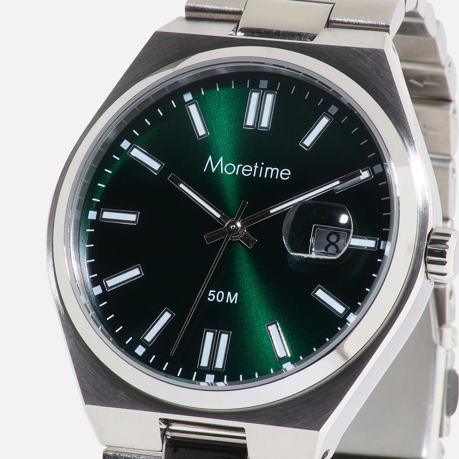 Moretime herrklocka - metallband, förstorat datum, silver/grön
