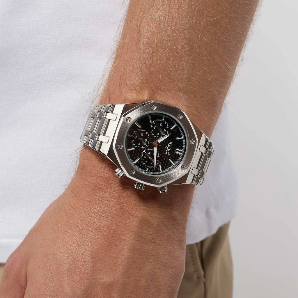 Regal herrklocka -  metallband, silverton/svart, 42mm