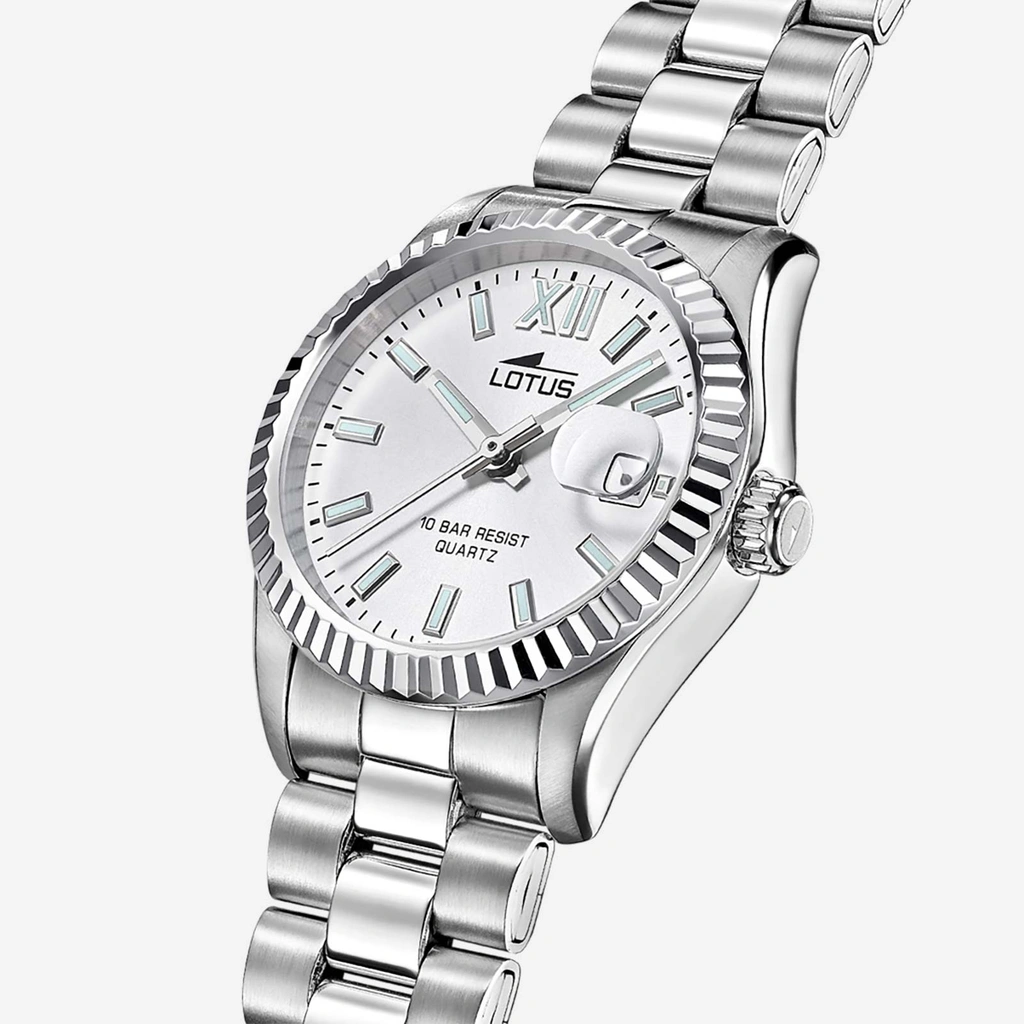 Lotus damklocka - datum, stål/vit, 10ATM, 17mm