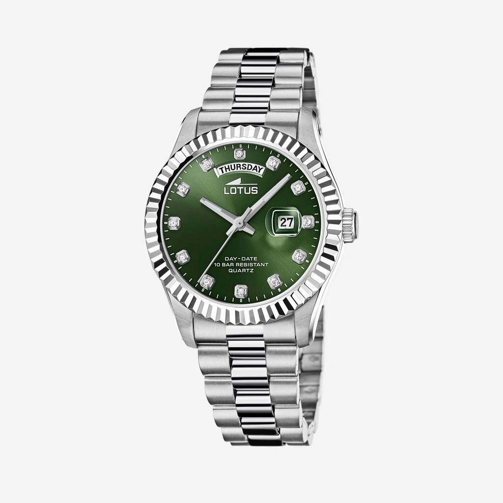 Lotus herrklocka -  dag/datum, stål/grön, stenar, 41,5 mm