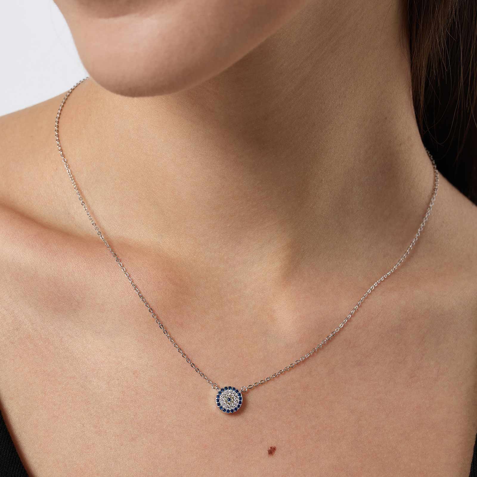 Halsband i äkta silver - berlock, blå/vita stenar 40+5cm