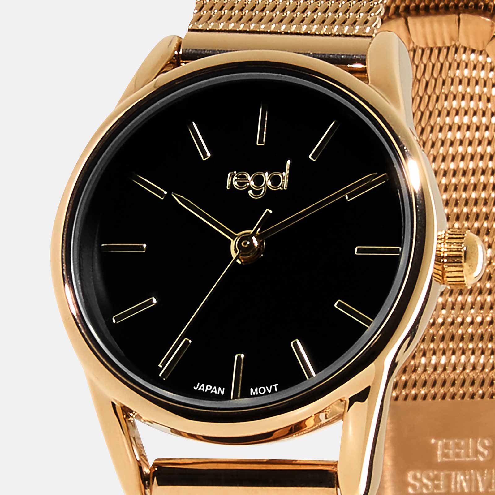 Regal damklocka - guld/svart, meshband, 24mm