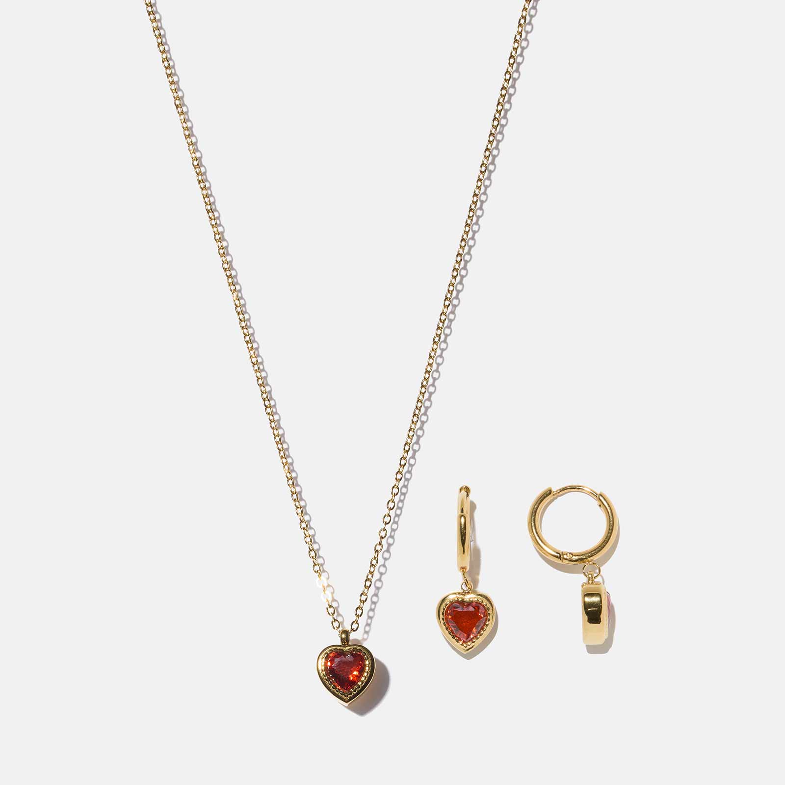 Smyckeset i stål - halsband & örhängen, röda stenar