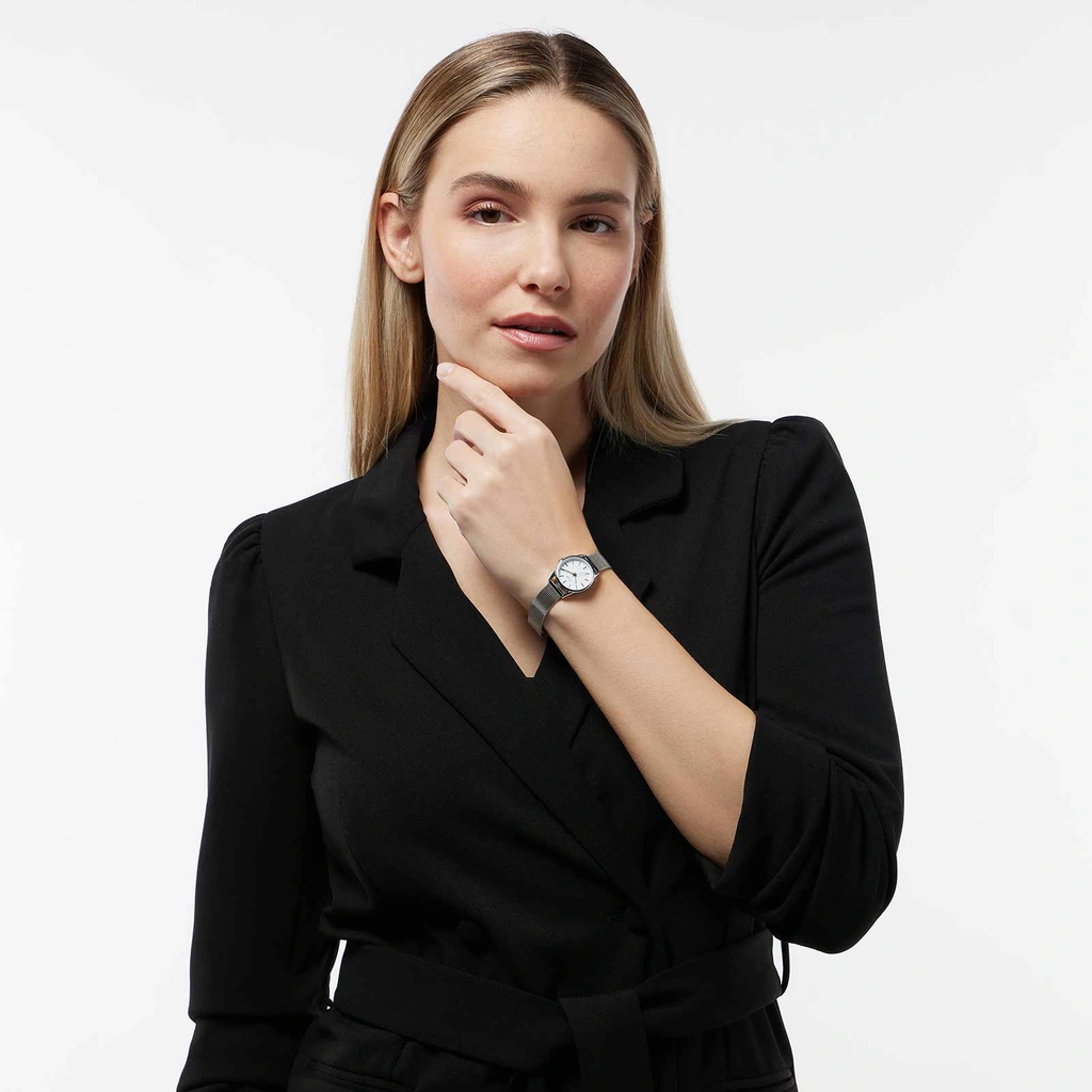 Regal damklocka - silver/vit, meshband, 24mm