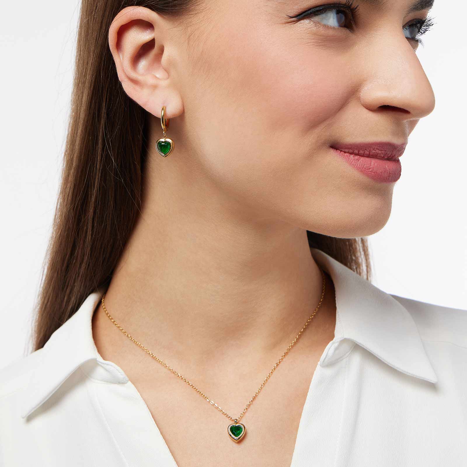 Smyckeset i stål - halsband & örhängen, gröna stenar