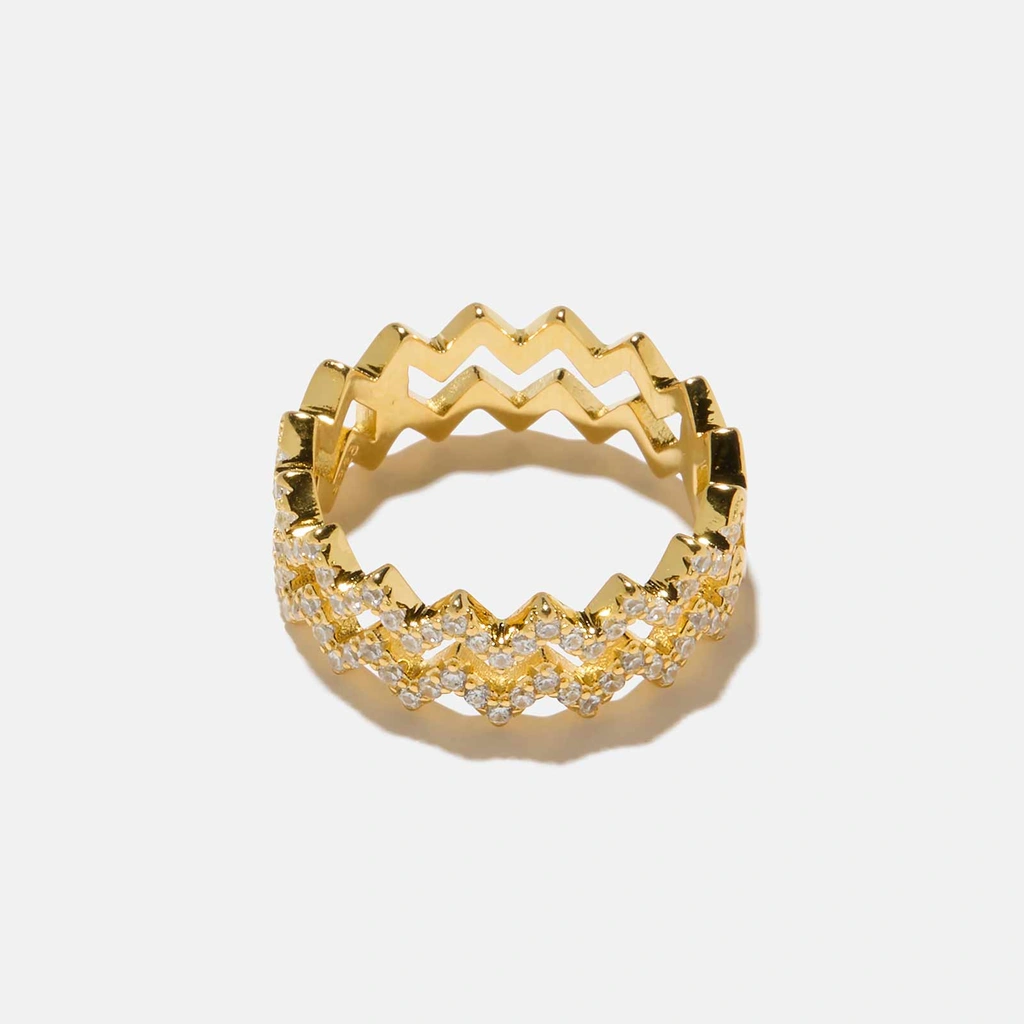 Guldpläterad dubbelring i äkta silver - vita stenar, zig zag, 18 mm