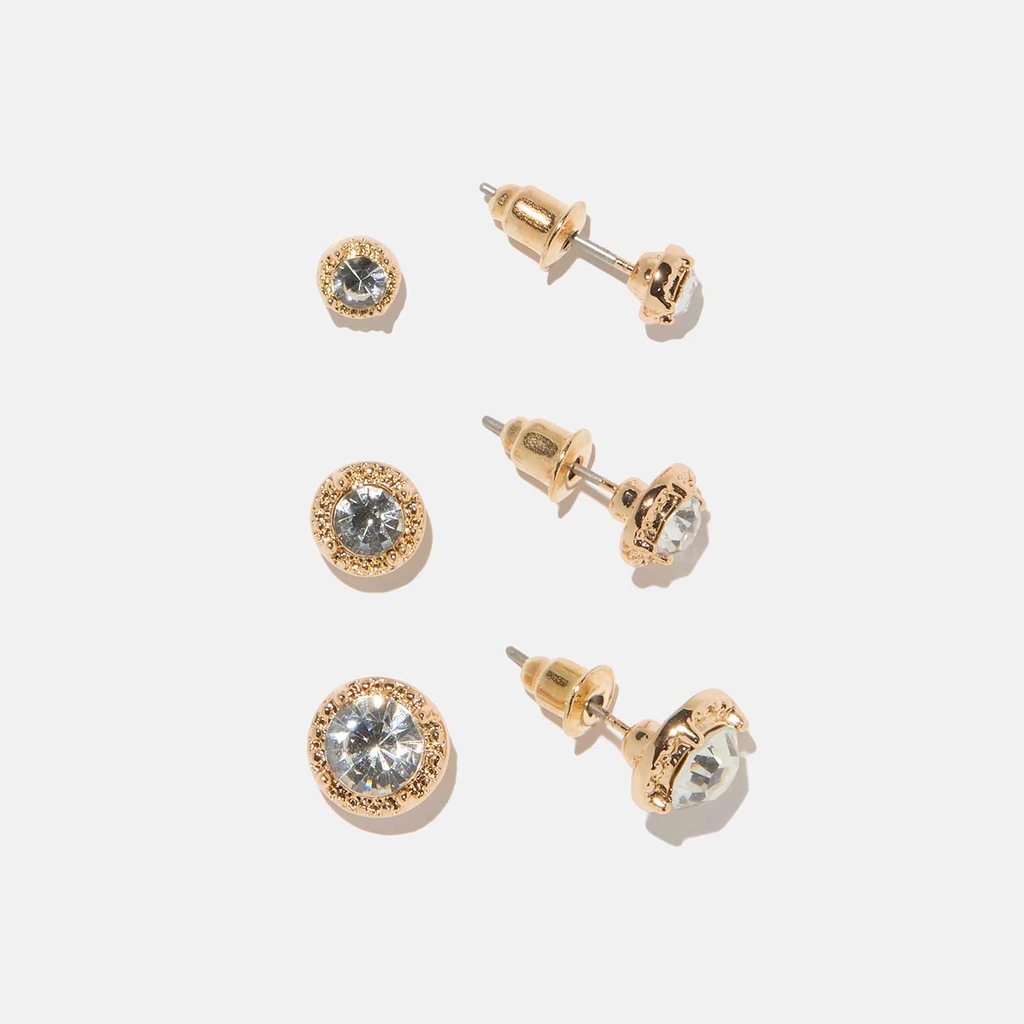 3-pack guldfärgade studs - vita stenar