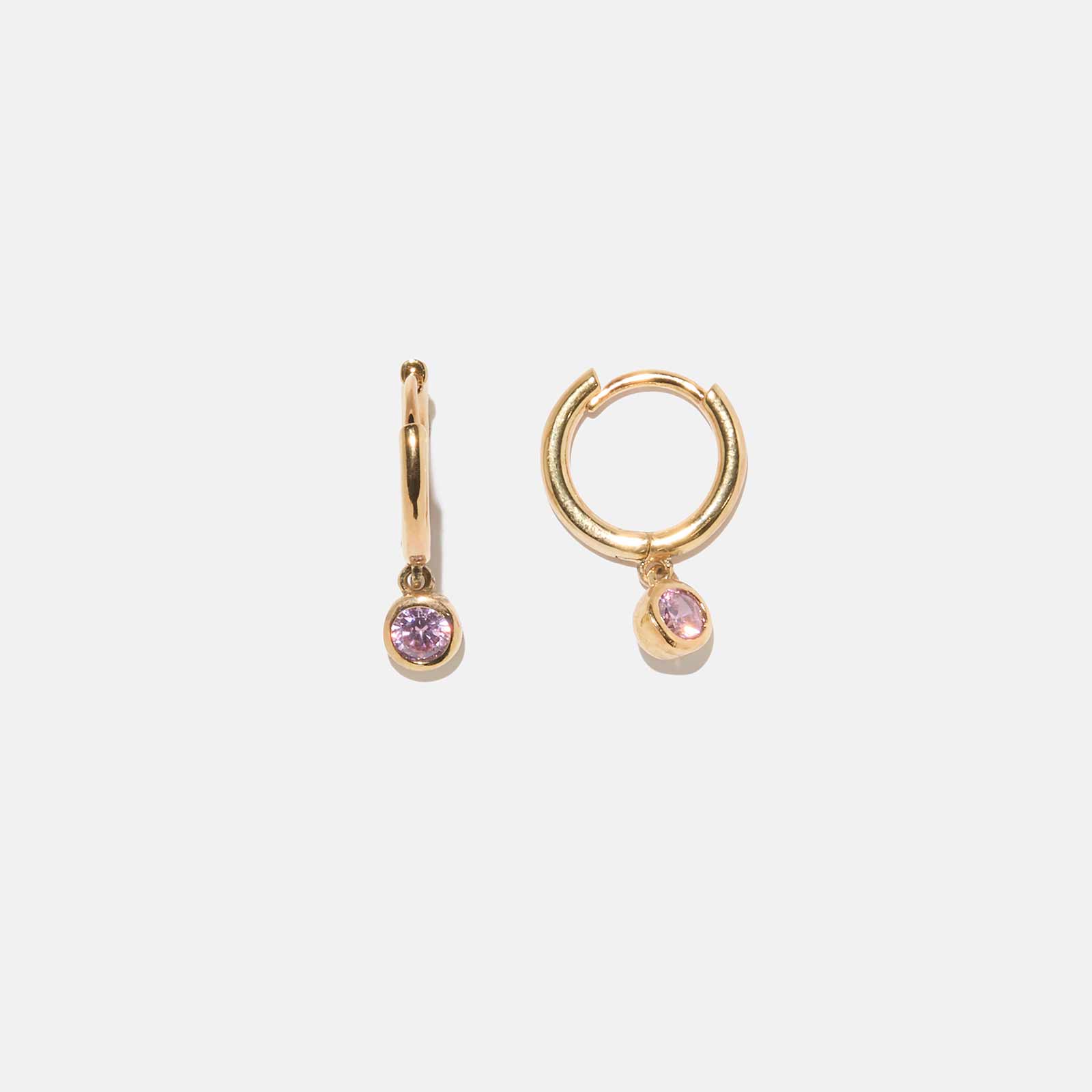 18k guldpläterade örhängen - hoops, rund rosa sten