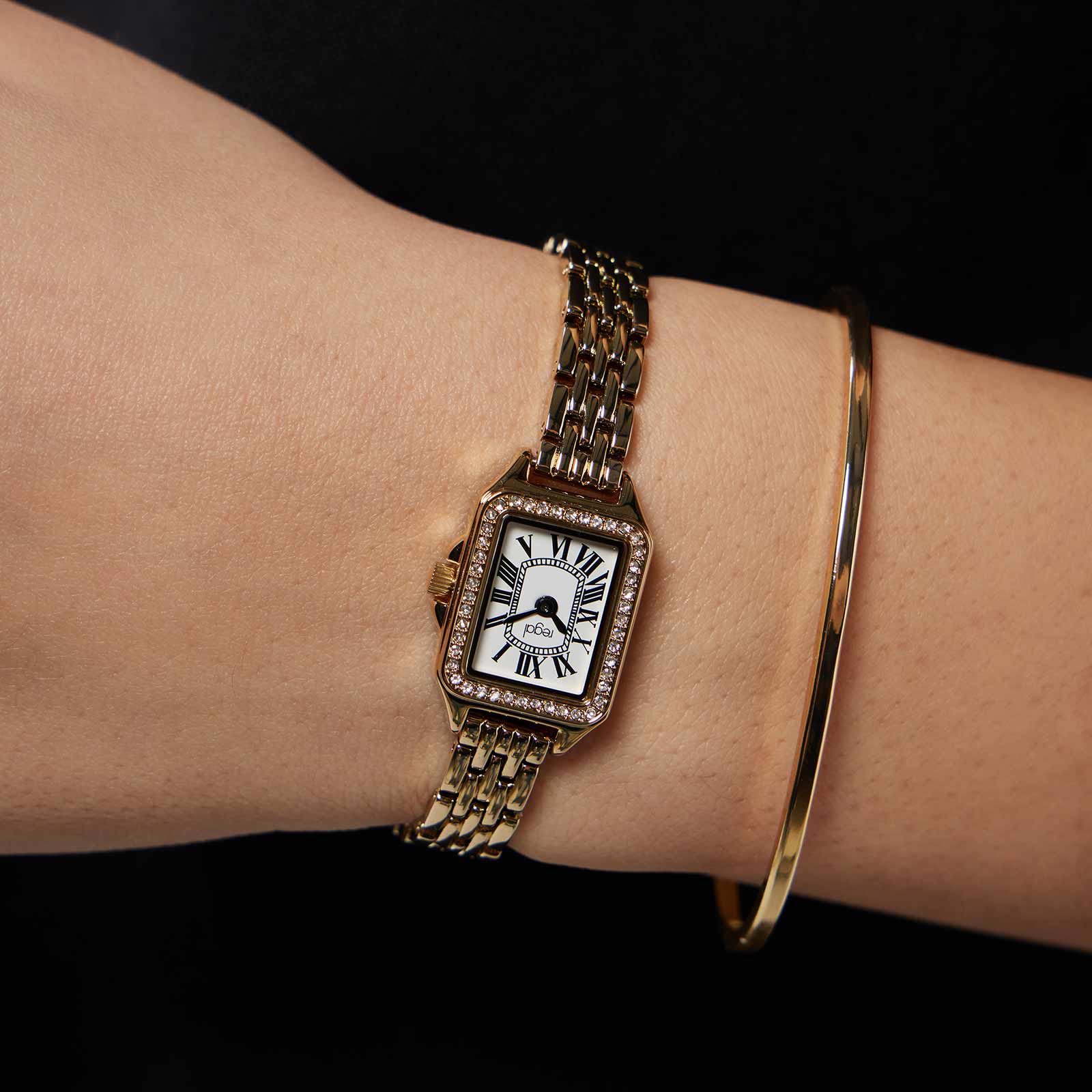 Regal klockset dam - metallband, guldton, 18x28 mm