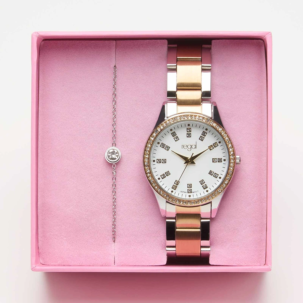 Regal klockset dam - metallband, bicolor/vit, 34mm