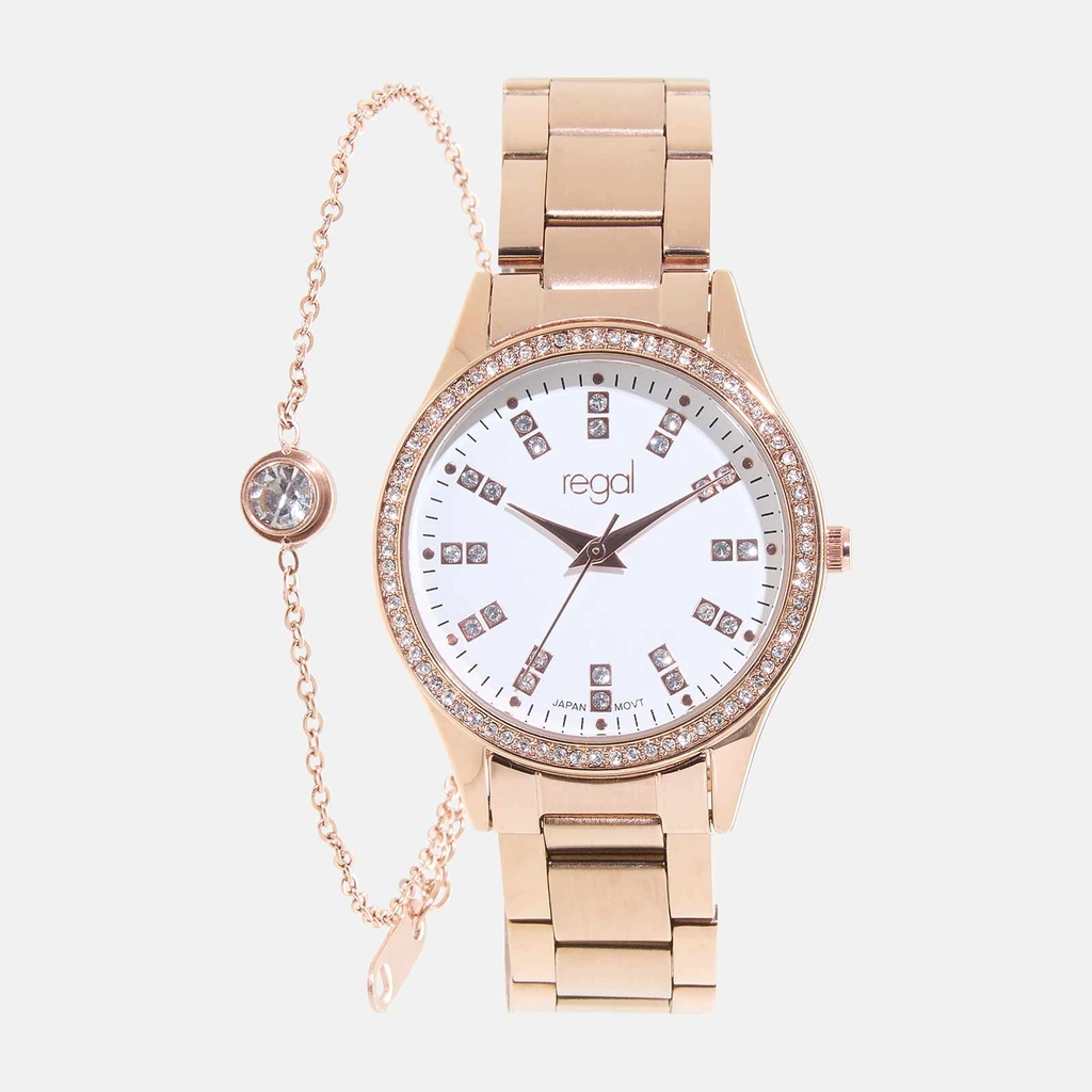 Regal klockset dam - metallband, rosegold/vit, 34mm