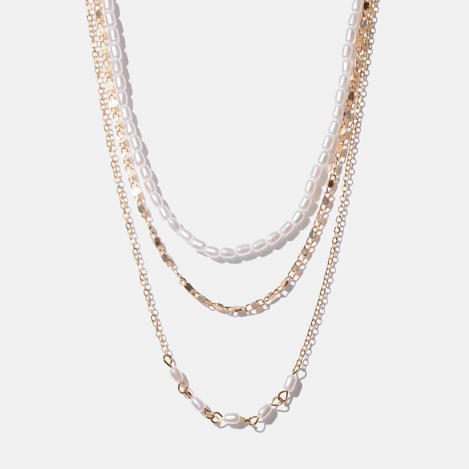 Guldfärgat halsband - 3 rader, ovala pärlor, 40+8 cm